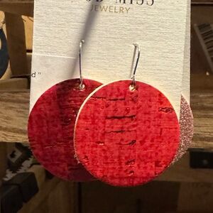 Cork+Leather Round Earring "Red ''  -  NEW WITH TAGS